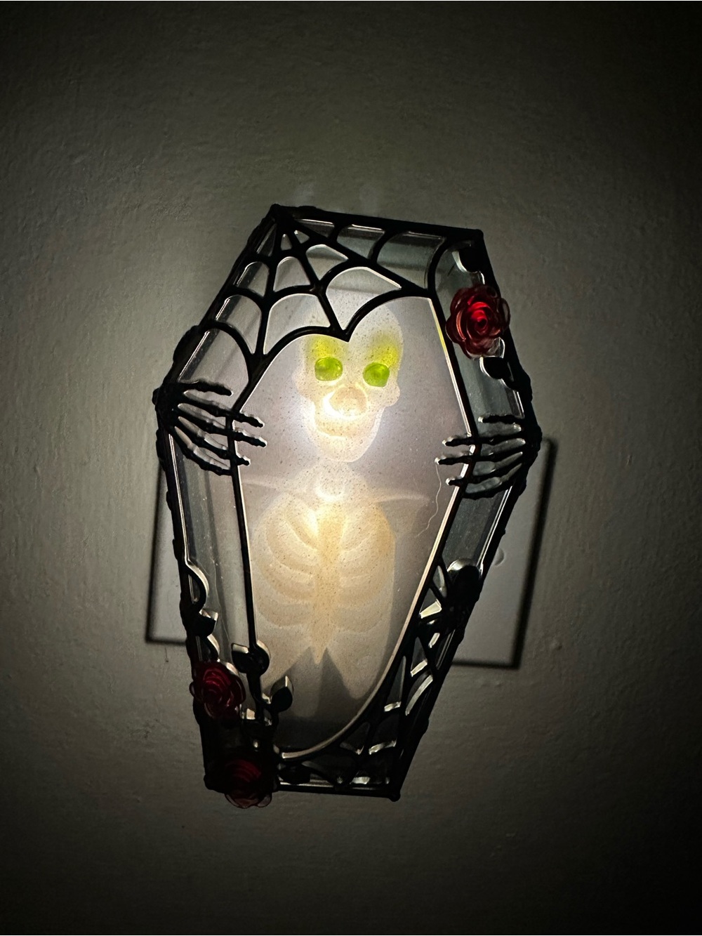 Skeleton Coffin Wallflower Night Light with Red Rose Accents